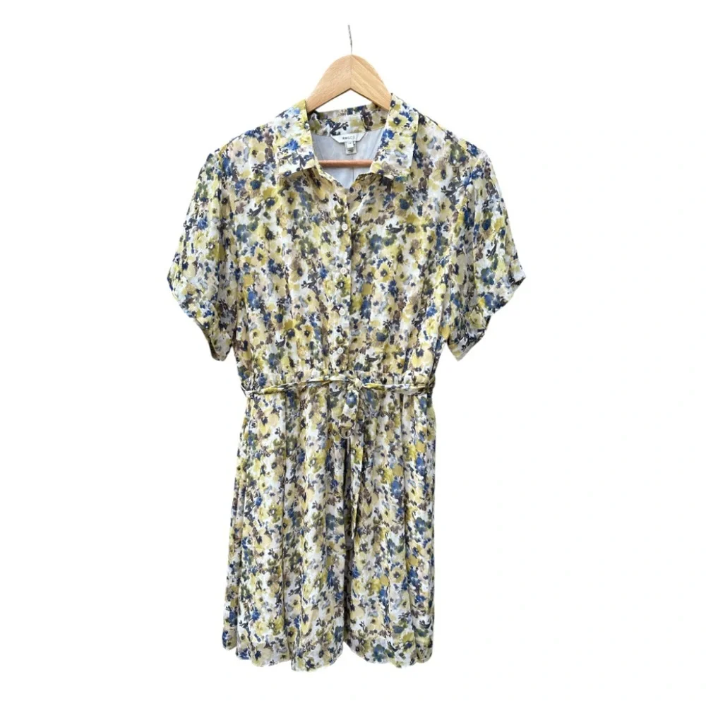 RW&Co Short Sleeved Button Down Chiffon Dress Floral Dress with Belt Sz L - Picture 3 of 11